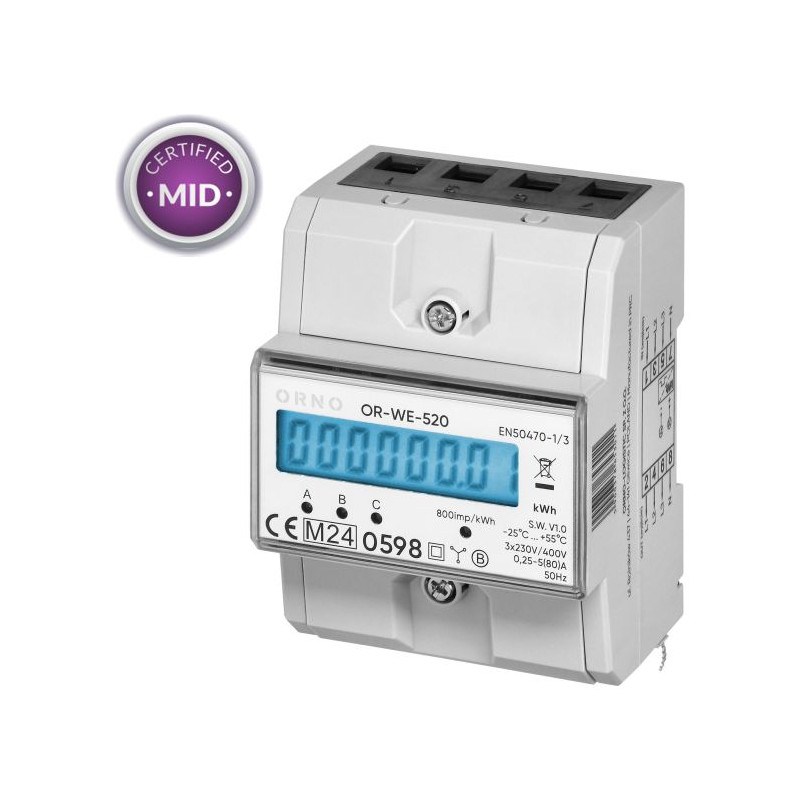 Trojfázový elektromer na DIN lištu elektronický ORNO OR-WE-520, ORNO