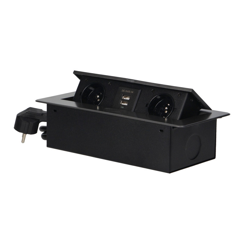 Zapustená nábytková zásuvka v puzdre s plochým okrajom, USB nabíjačka a 1,5 m kábel, 2x2P+E, 2xUSB, grafit OR-AE-13126/GR