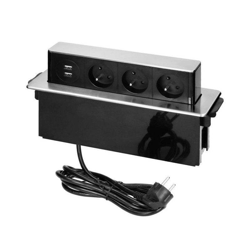 Nábytková zásuvka výsuvná 3x2P+ Z čierna a strieborná, 2x USB OR-GM-9009/B-G