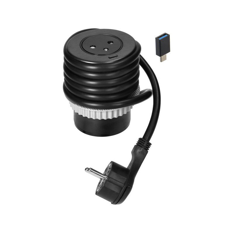 Nábytková zásuvka 2P+E so systémom EasyEject, USB QC 3.0, 1,5m kábel + USB adaptér OR-GM-9018