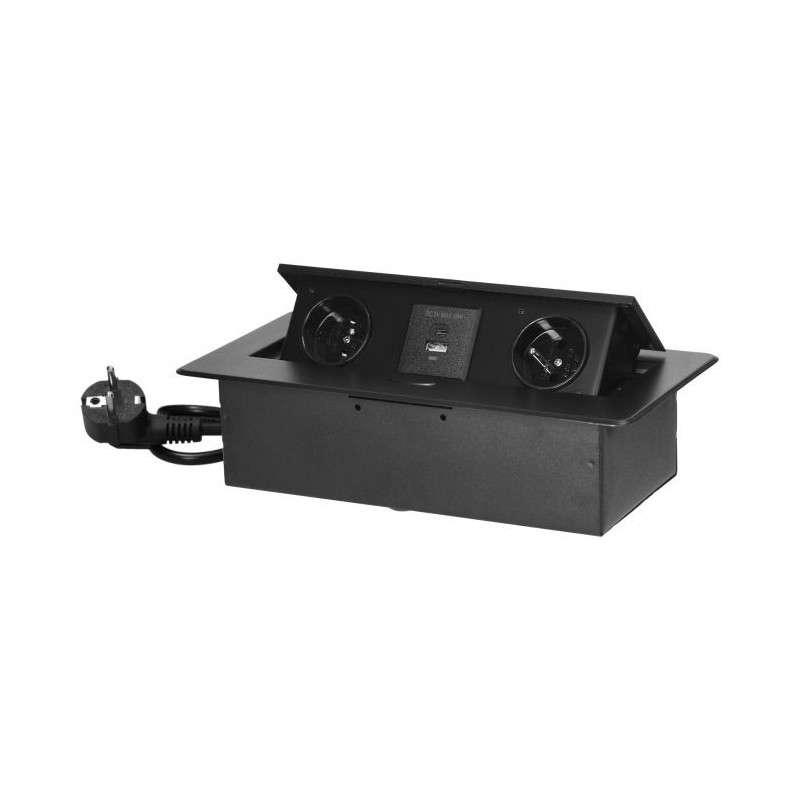 Nábytková zásuvka (USB nabíjačka a 1,5m kábel, 2x2P+E, 2x USB (typ A+C, 3,6A), čierna OR-GM-9035/B