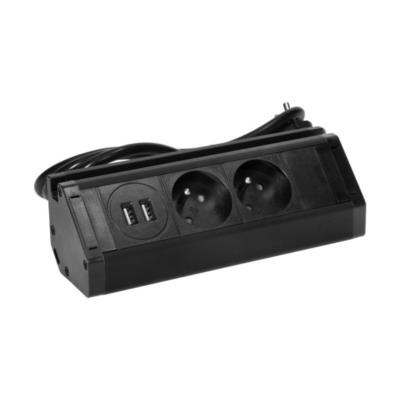 Nábytková zásuvka s USB nabíjačkou, držiakom telefónu, 1,5m kábel, 2x2P+E, 2xUSB (typ A, 2,4A), čierna FS-13/B