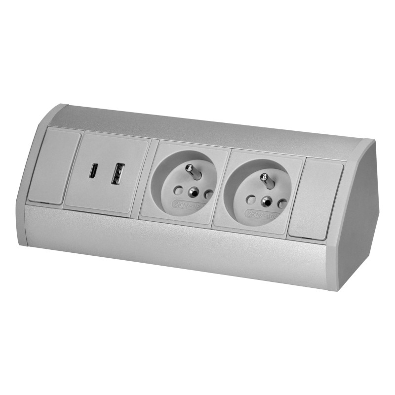 Nábytková zásuvka 2x2P+E, 2xUSB (typ A+C, 2,4A), šedostrieborná OR-GM-9039/G