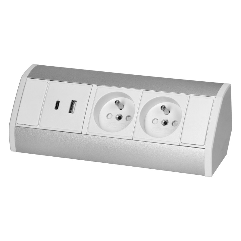 Nábytková zásuvka 2x2P+E, 2xUSB (typ A+C, 2,4A), bielo-strieborná OR-GM-9039/W-G