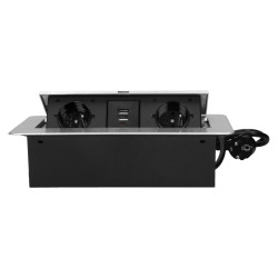 Nábytková zásuvka 2x2P+E 2xUSB 3m kábel, plochá a frézovaná hrana, strieborná OR-AE-13126/G/3M