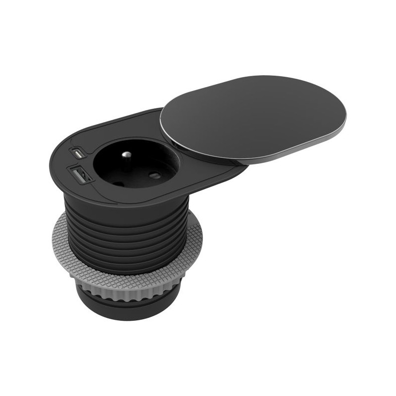 Nábytková zásuvka, kábel 1,9 m, 1x2P+E, 2xUSB (typ A+C), čierna