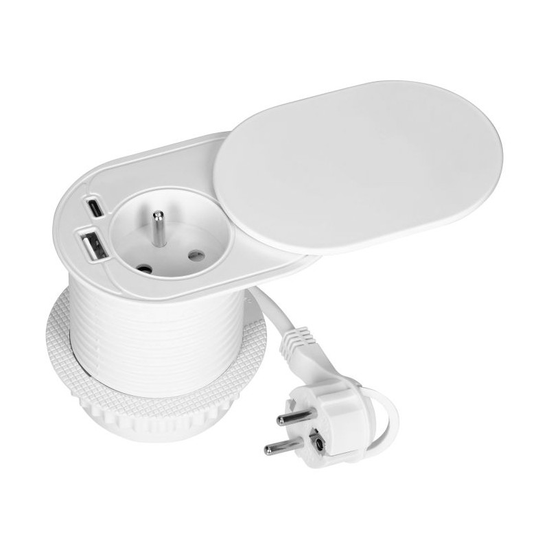 Nábytková zásuvka, kábel 1,9 m, 1x2P+E, 2xUSB (typ A+C), biela