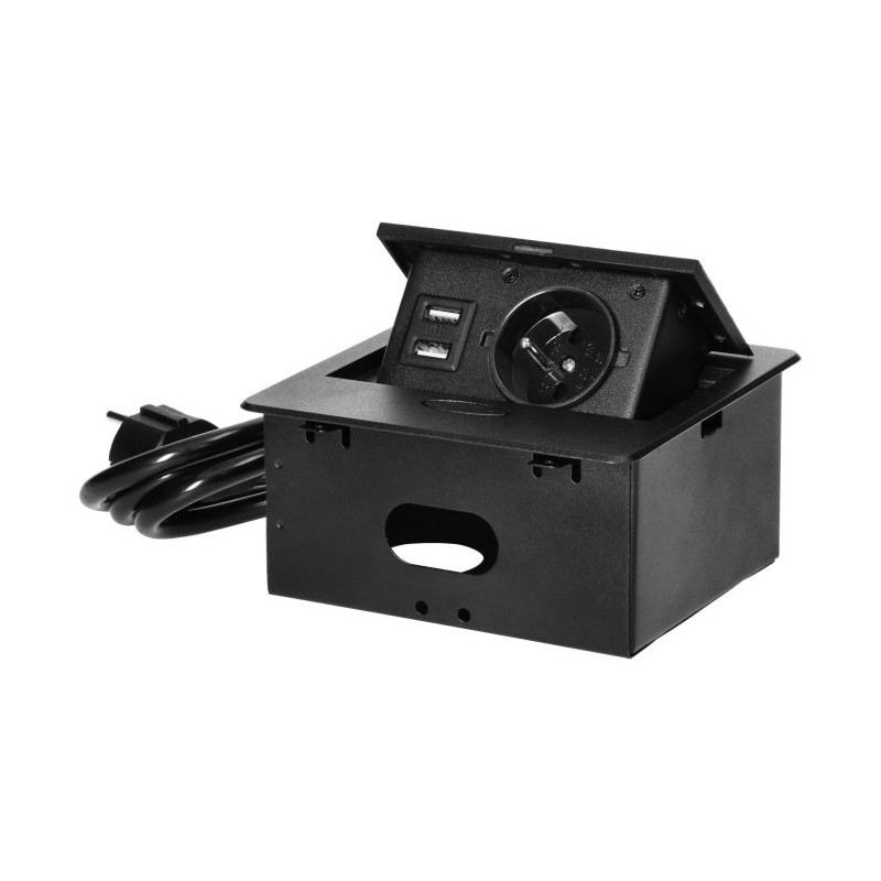 Nábytková zásuvka, 1,5m kábel, 1x2P+E, 2xUSB (typ A, 2,1A), čierna