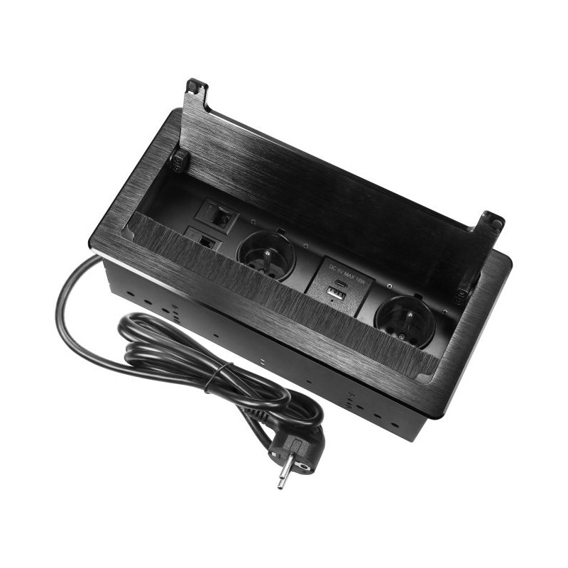 Nábytková zásuvka s protiprachovou kefou a 1,5m káblom, 2x2P+E, 2x USB, 2xNET