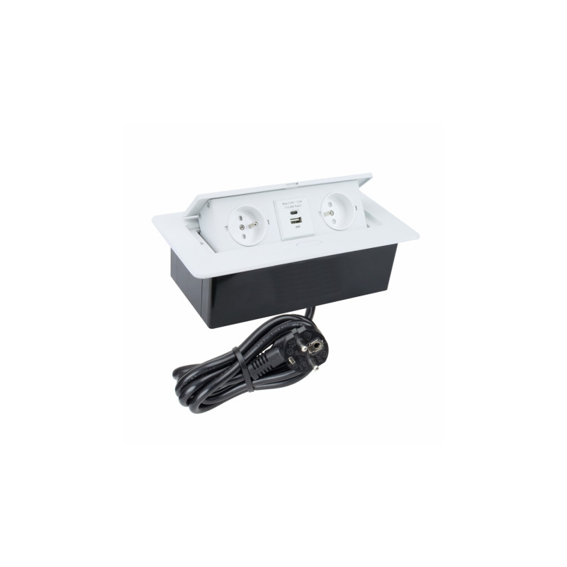 Nábytková zásuvka KOMBI BOX 2 x 230 V AC a USB A + USB C, 3m kábel, biela