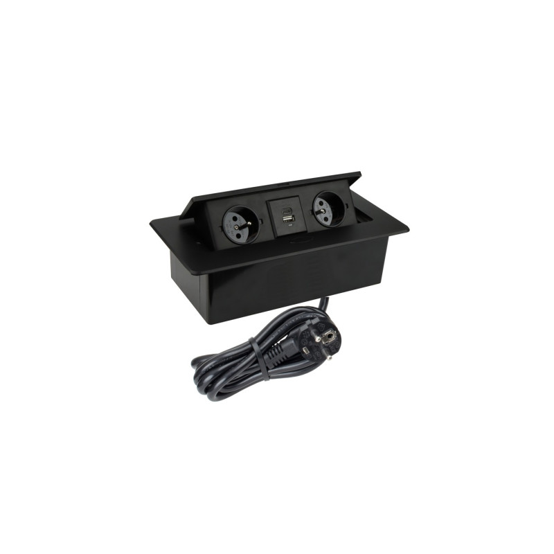 Nábytková zásuvka KOMBI BOX 2 x 230 V AC a USB A + USB C, 3m kábel, čierna