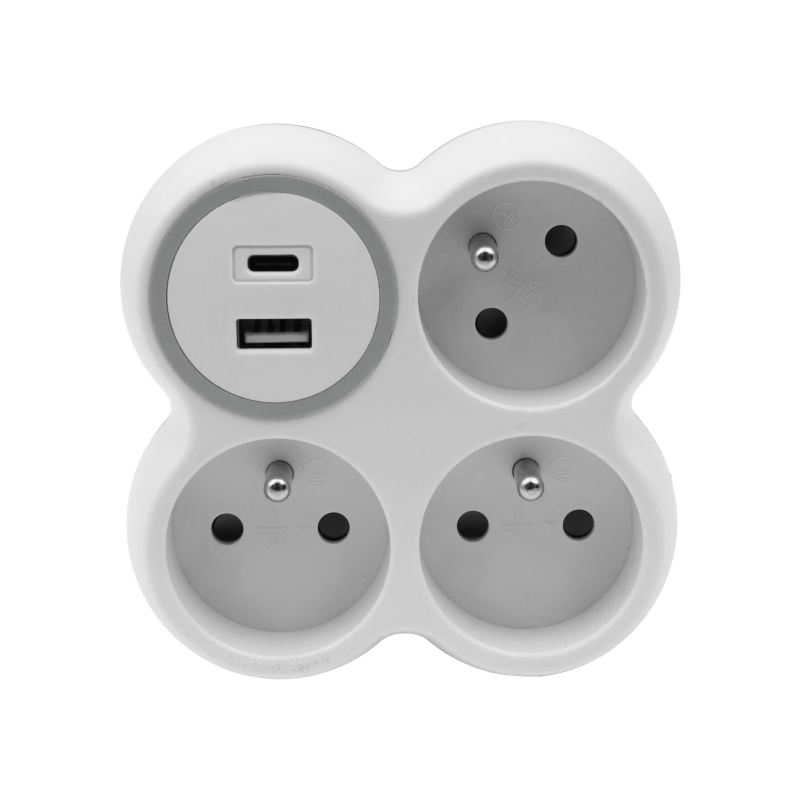 Rozbočka 3x uzemnenej zásuvky, 1x USB A 18W, 1x USB C PD 20W