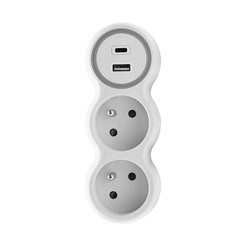 Rozbočka 2x uzemnenej zásuvky, 1x USB A, 1x USB C PD 20W