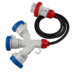 Adaptér CEE vidlica 3P+N+E 16A 400V na zásuvky 2P+E 16A 230V IP67, 2m