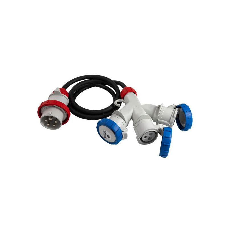 Adaptér CEE vidlica 3P+N+E 16A 400V na zásuvky 2P+E 16A 230V IP67, 2m