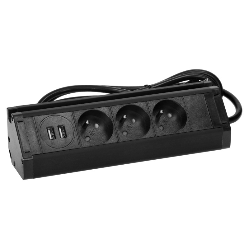 Nábytková zásuvka s USB nabíjačkou, držiakom telefónu, 1,5m kábel, 3x2P+E, 2xUSB (typ A, 2,4A), čierna