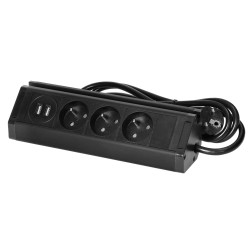Nábytková zásuvka s USB nabíjačkou, držiakom telefónu, 1,5m kábel, 3x2P+E, 2xUSB (typ A, 2,4A), čierna