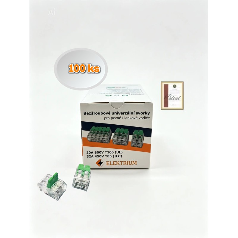 Bezskrutková svorka páčková ELEKTRIUM 0,5-2,5mm2, 2 pól, balenie 100ks