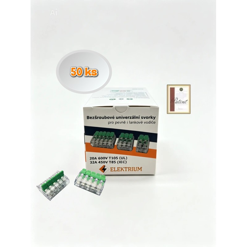 Bezskrutková svorka páčková ELEKTRIUM 0,5-2,5mm2, 5 pól, balenie 50 ks