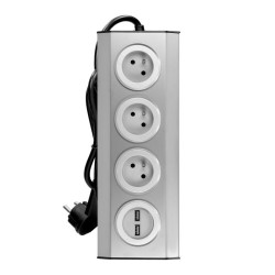 Nábytková zásuvka 3x2P+E s USB, strieborná, kábel 1,5 m