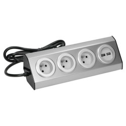 Nábytková zásuvka 3x2P+E s USB, strieborná, kábel 1,5 m