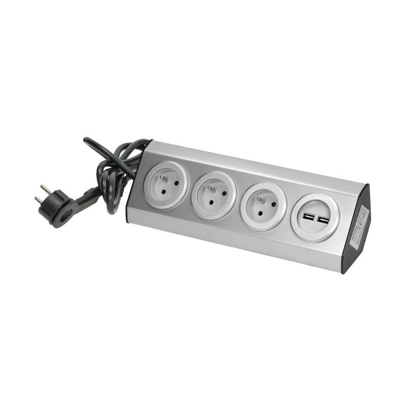 Nábytková zásuvka 3x2P+E s USB, strieborná, kábel 1,5 m