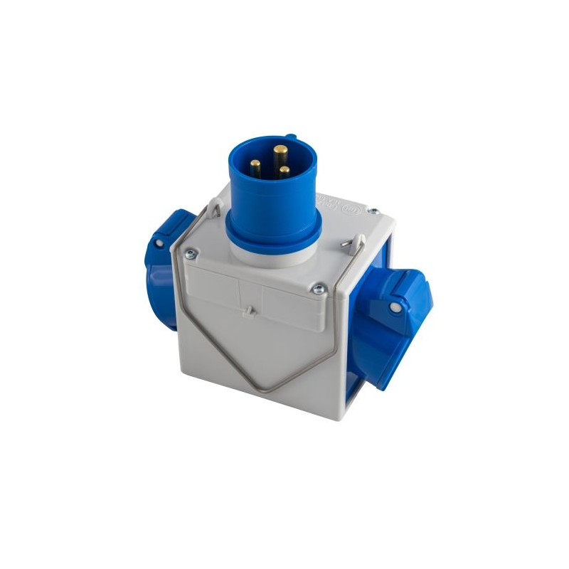 Adaptér z CEE vidlice 2P+E16A 230V na 2 zásuvky CEE 2P+E 16A 230V IP44 bočné