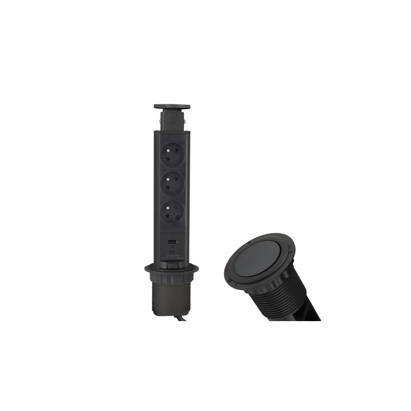 Nábytková zásuvka výsuvná LIFT BOX USB A + C, 3x230V, 1,5 m kábel, čierna